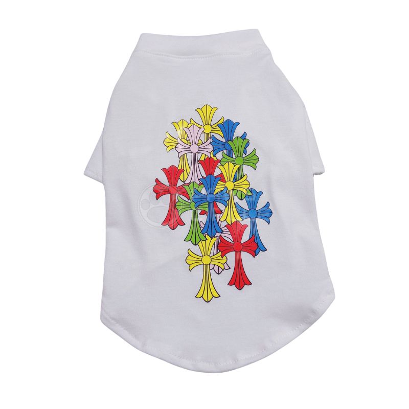 White Chrome Hearts pet shirt with colorful cross designs on a white background