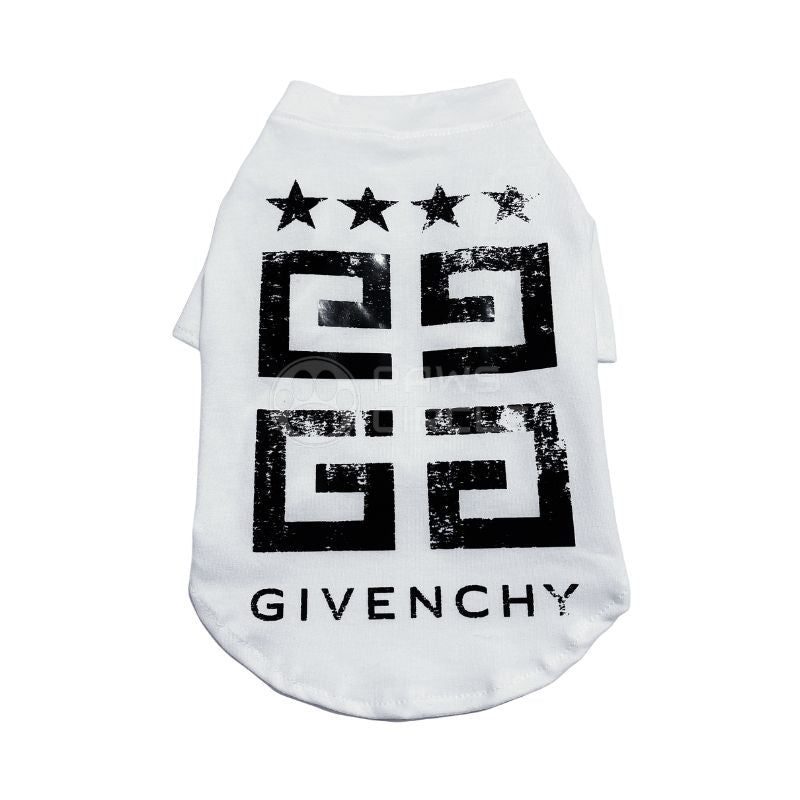 White pet shirt with Givenchy logo and stars on a white background