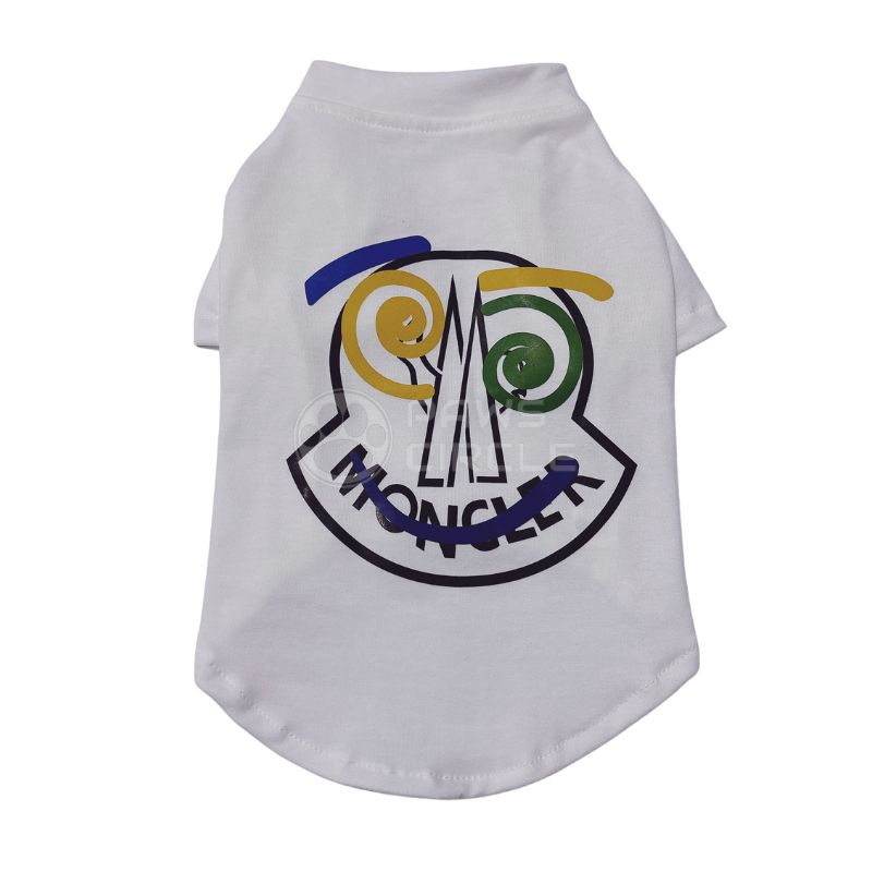 White Moncler pet shirt with colorful logo on a white background