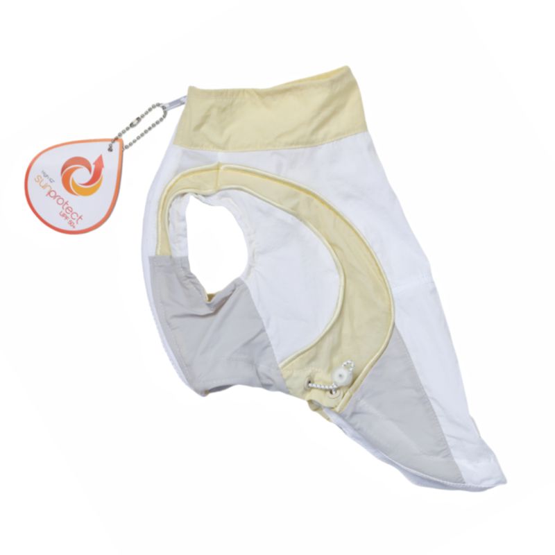 UV protected dog windbreaker wrap with yellow and white design on a white background