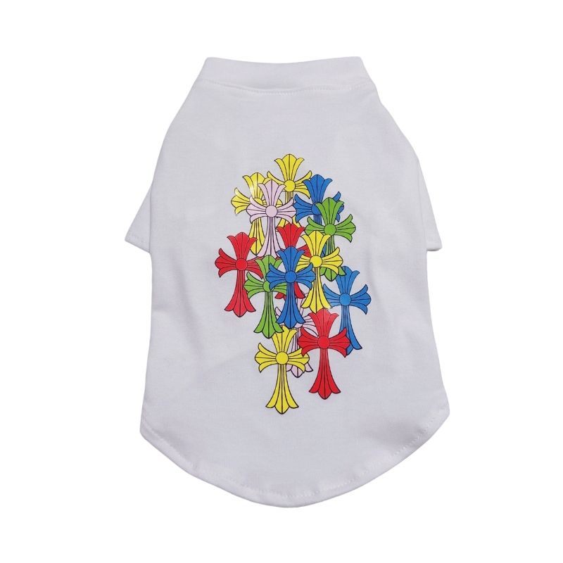 White Chrome Hearts dog tee shirt with colorful cross designs on a white background