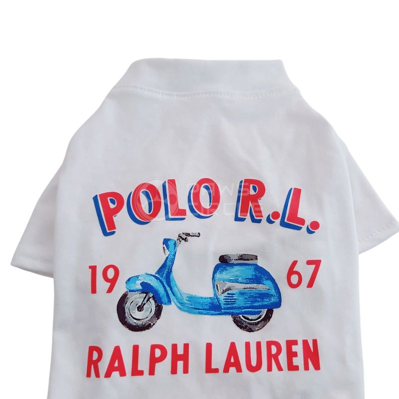 White t-shirt with Polo Ralph Lauren logo and scooter graphic on a white background