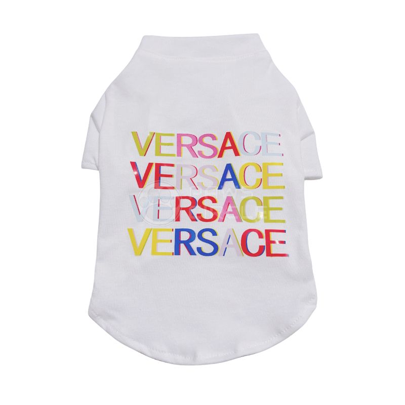 White pet shirt with colorful 'Versace' text on a white background