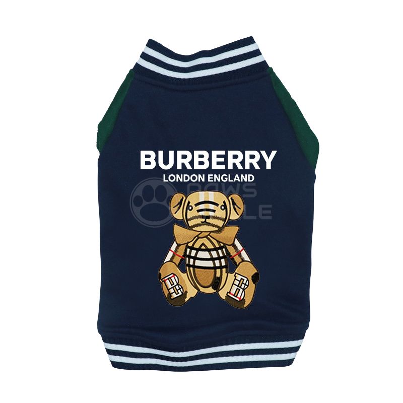 Navy blue Burberry dog jacket with teddy bear design on a white background