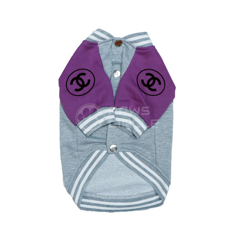 Pet sweater with purple and gray design featuring Chanel logo on a white background