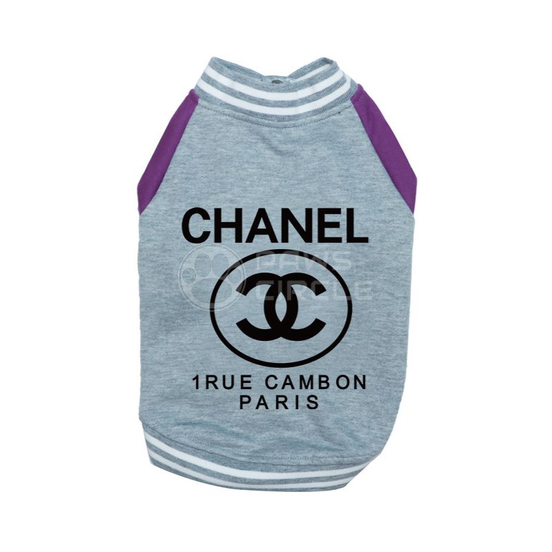 Dog sweater with Chanel logo and text on a white background