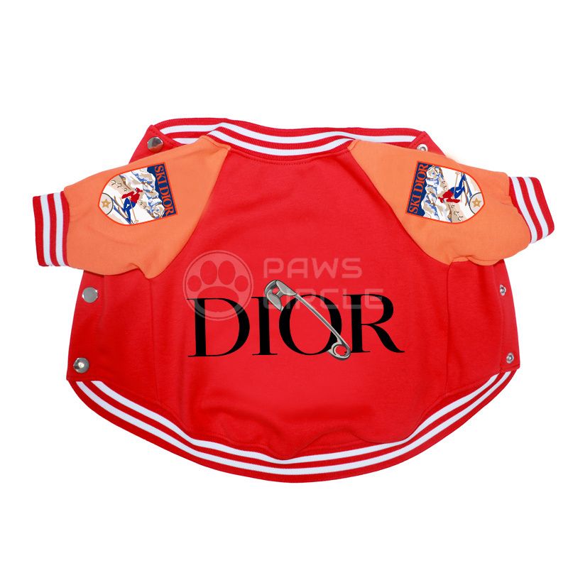 Red and orange dog jacket with 'Dior' branding on a white background