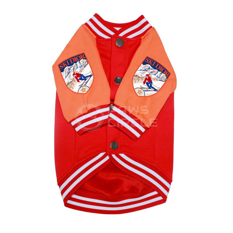 Red and orange dog jacket with ski design on a white background
