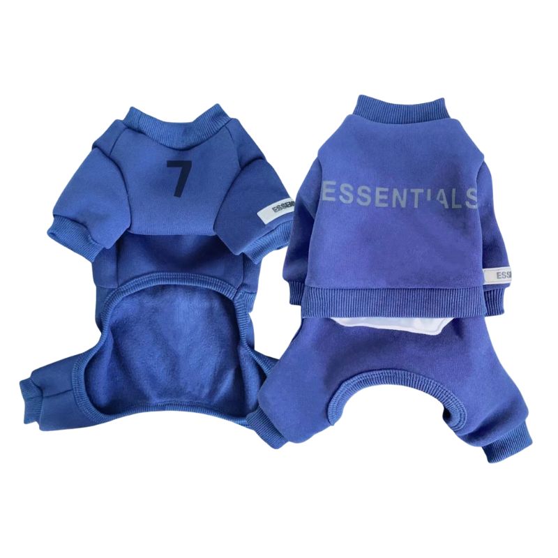 Blue pet outfit with number 7 and 'ESSENTIALS' text on a white background