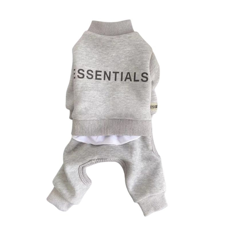 Gray dog outfit with 'ESSENTIALS' text on a white background