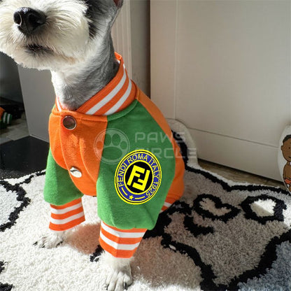 Fendi dog varsity jacket with bear design in orange color