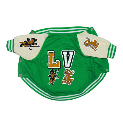 Green pet jersey with 'LV' and logos on a white background