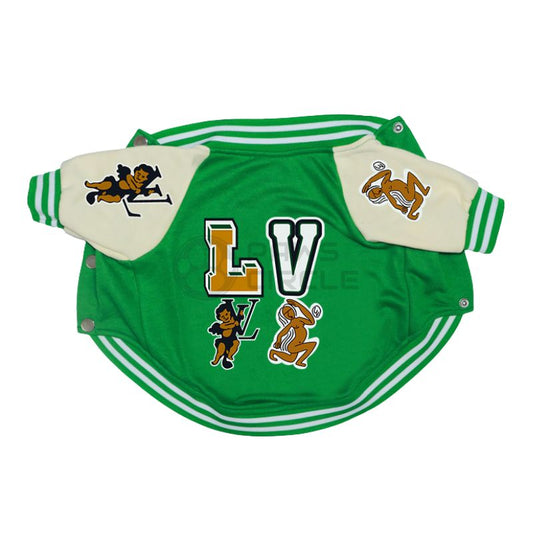 Green pet jersey with 'LV' and logos on a white background
