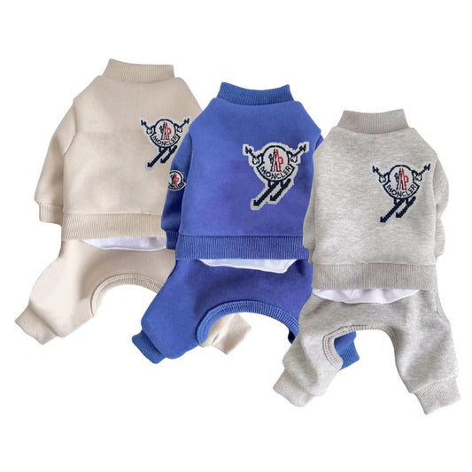 moncler four legged dog sweat suit in blue, gray and beige