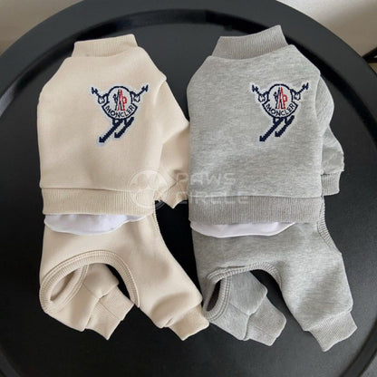 moncler four legged dog sweat suit in blue, gray and beige