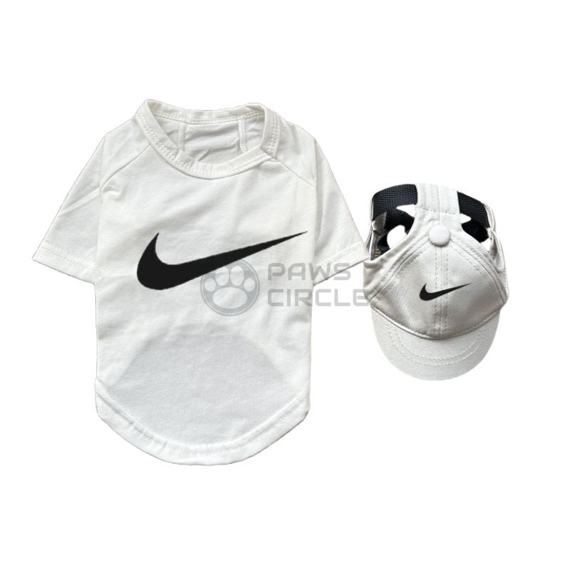 nike dog tee and hat in white