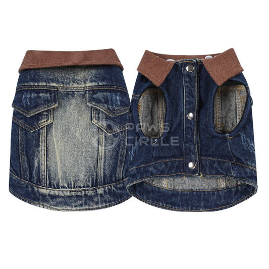 Denim dog coat with brown collar on a white background