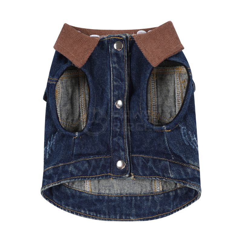 Denim dog vest with brown collar on a white background