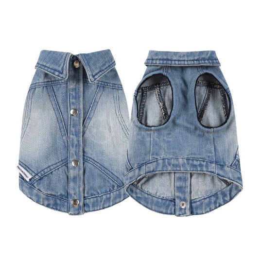 Denim dog coat with button details on a white background