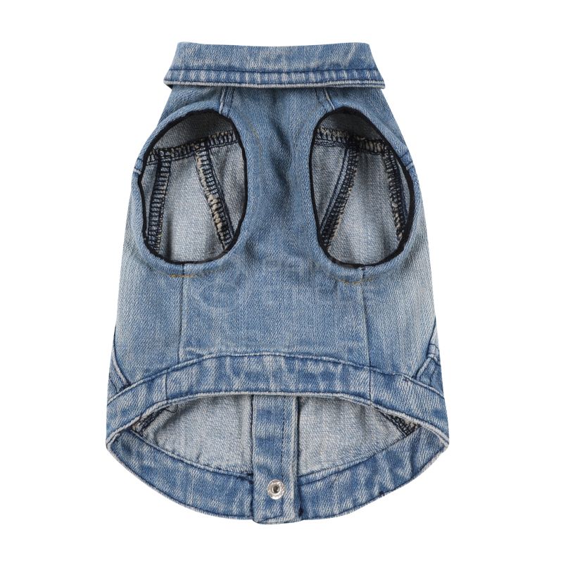 Denim dog vest on a white background