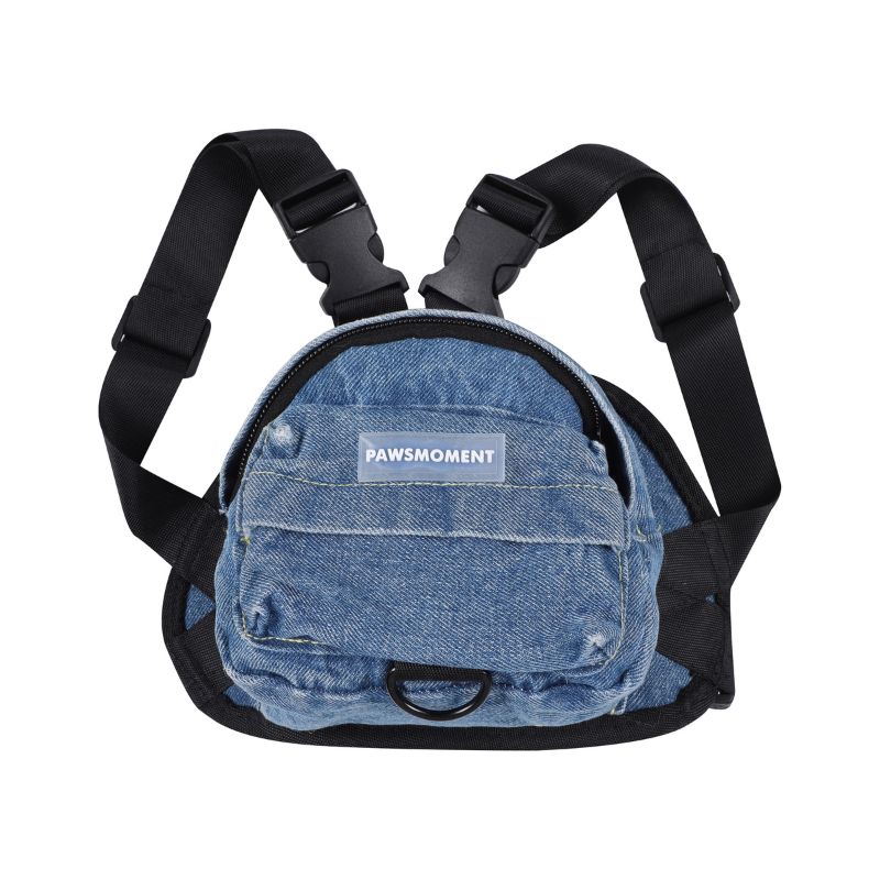 Blue denim-style bag with black straps on a white background