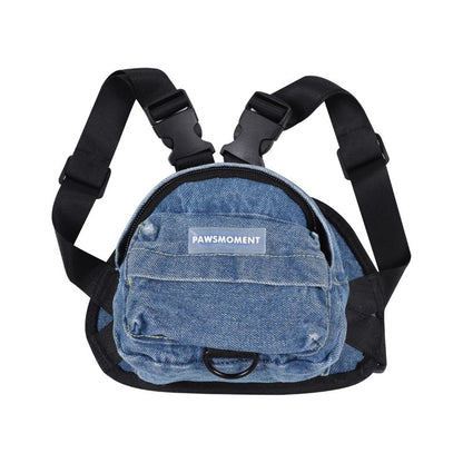 Blue denim-style bag with black straps on a white background