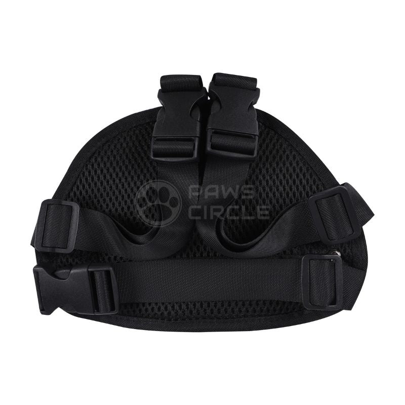 Black tactical helmet with mesh design and straps on a white background