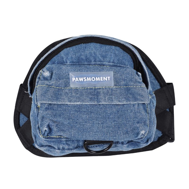 Blue denim-style bag with a visible 'PAWSMOMENT' label on a white background