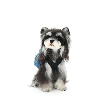 Stuffed dog toy with a backpack on a white background