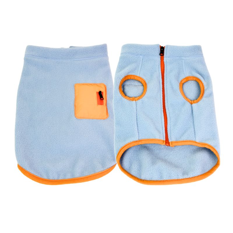 Light blue pet fleece coat with orange trim on a white background