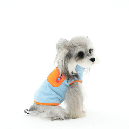 Small dog wearing a light blue and orange fleece jacket on a white background