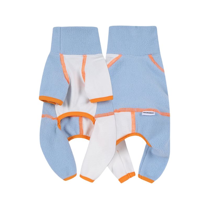 Dog fleece sweatsuit with blue and white design on a white background