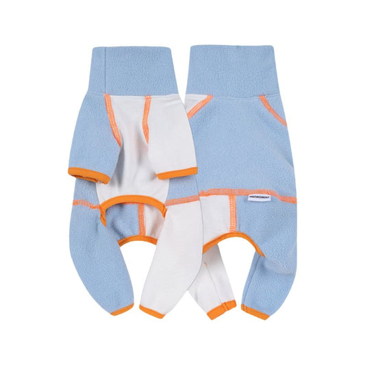 Dog fleece sweatsuit with blue and white design on a white background