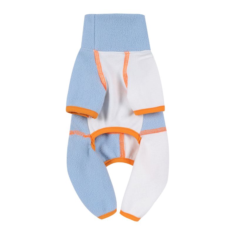 Dog fleece sweatsuit with blue and white design on a white background