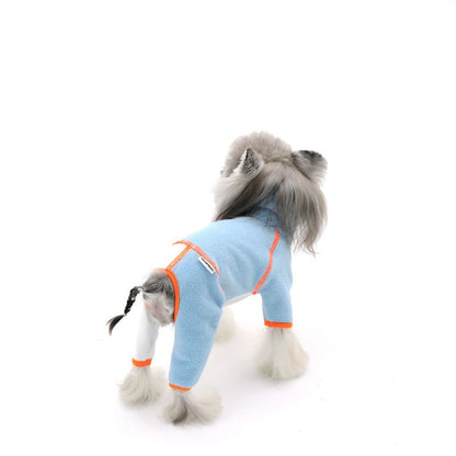 Dog wearing a light blue outfit with orange accents on a white background