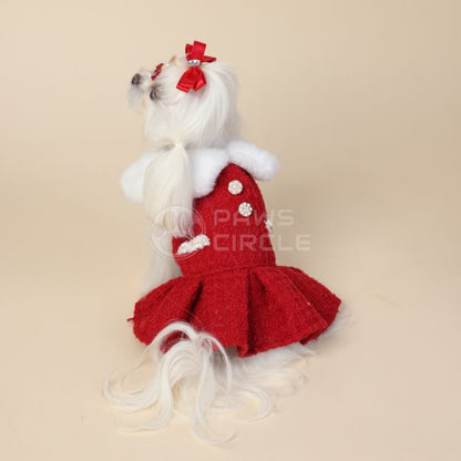 Red dog dress with white fur trim on a beige background