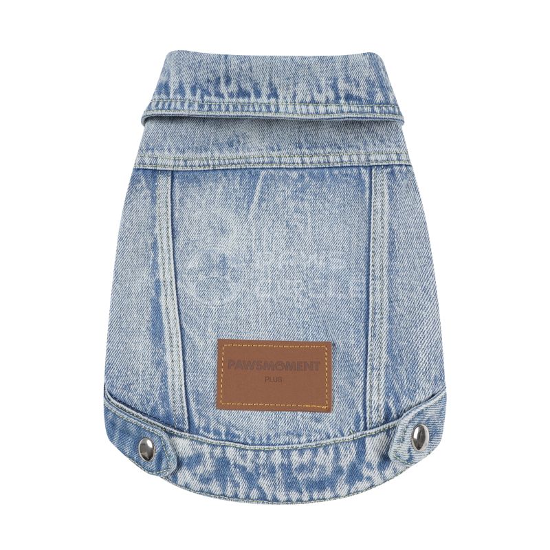 Denim dog coat with a brown patch on a white background