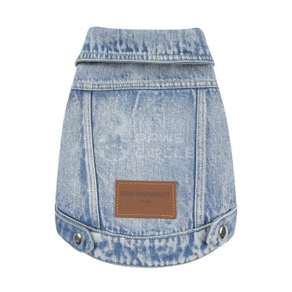 Denim dog coat with a brown patch on a white background