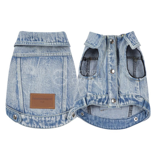 Denim dog denim coat with a brown patch on a white background