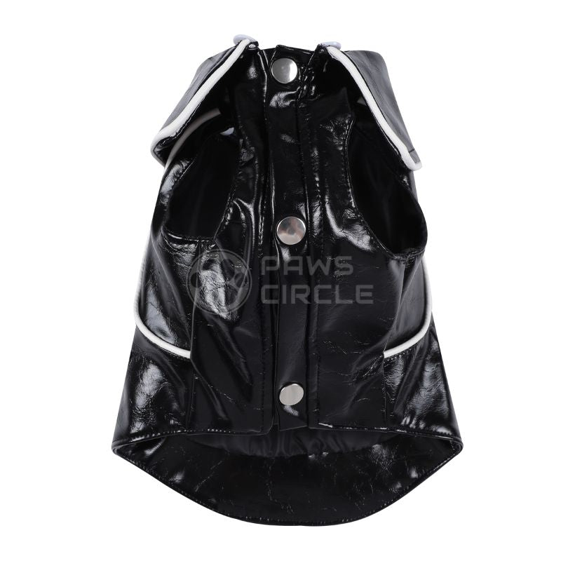 Black patent leather dog coat with white trim on a white background, branded 'Paws Circle'.