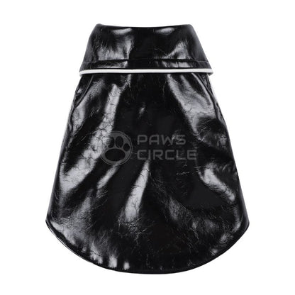Black leather dog coat with 'Paws Circle' branding on a white background