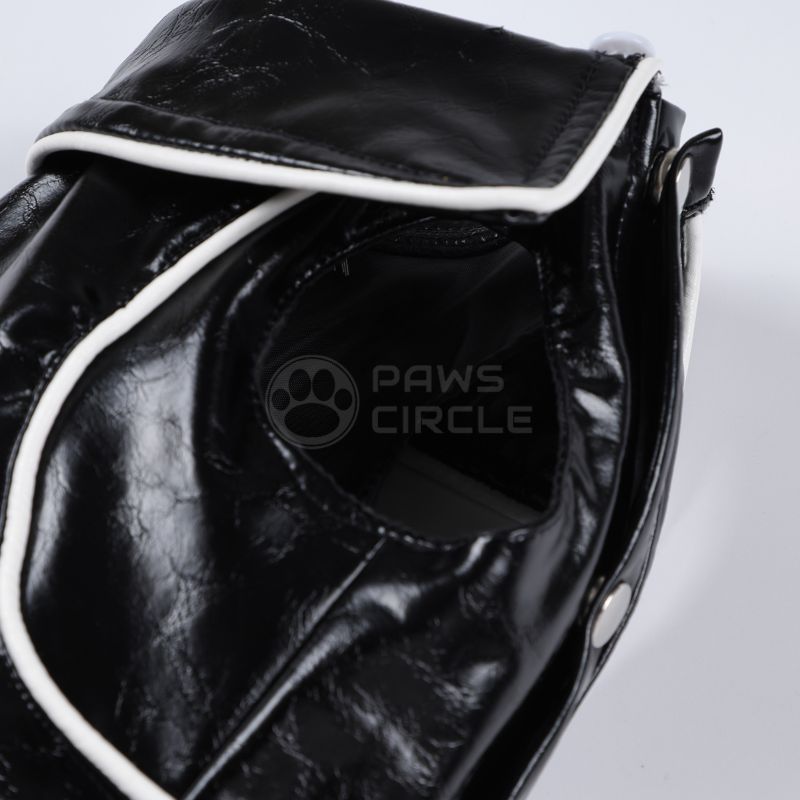 Black leather product with 'Paws Circle' logo on a white background