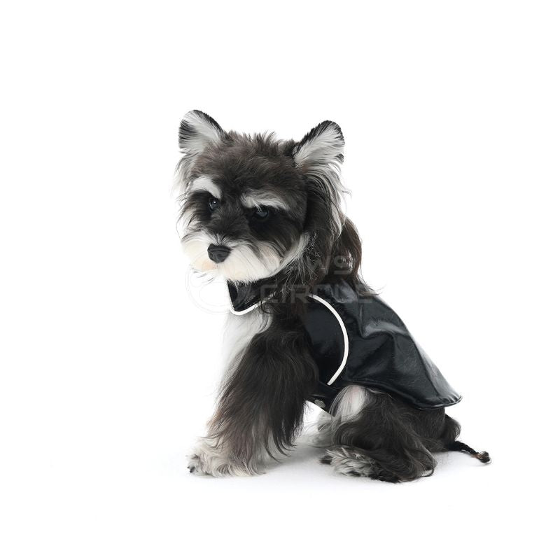 Dog wearing a black raincoat on a white background