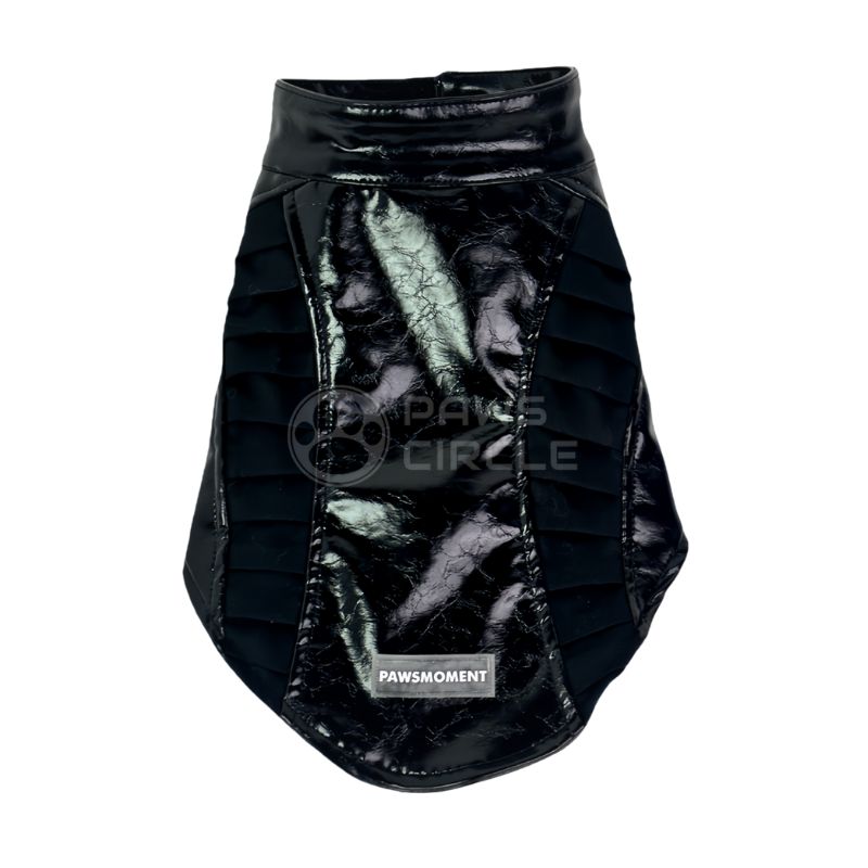 Black quilted dog coat with reflective material on a white background