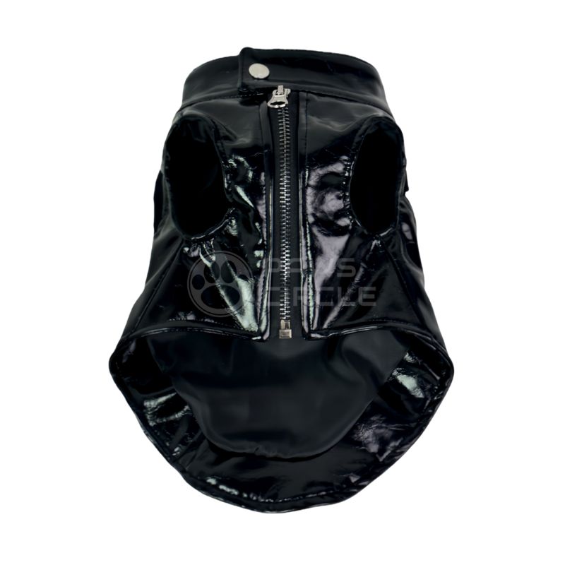 Black patent leather dog vest with a zipper on a white background