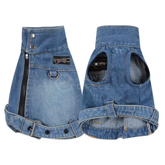 Denim dog vest with a front pocket and zipper on a white background