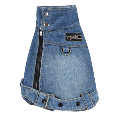 Denim dog coat with zipper and button details on a white background