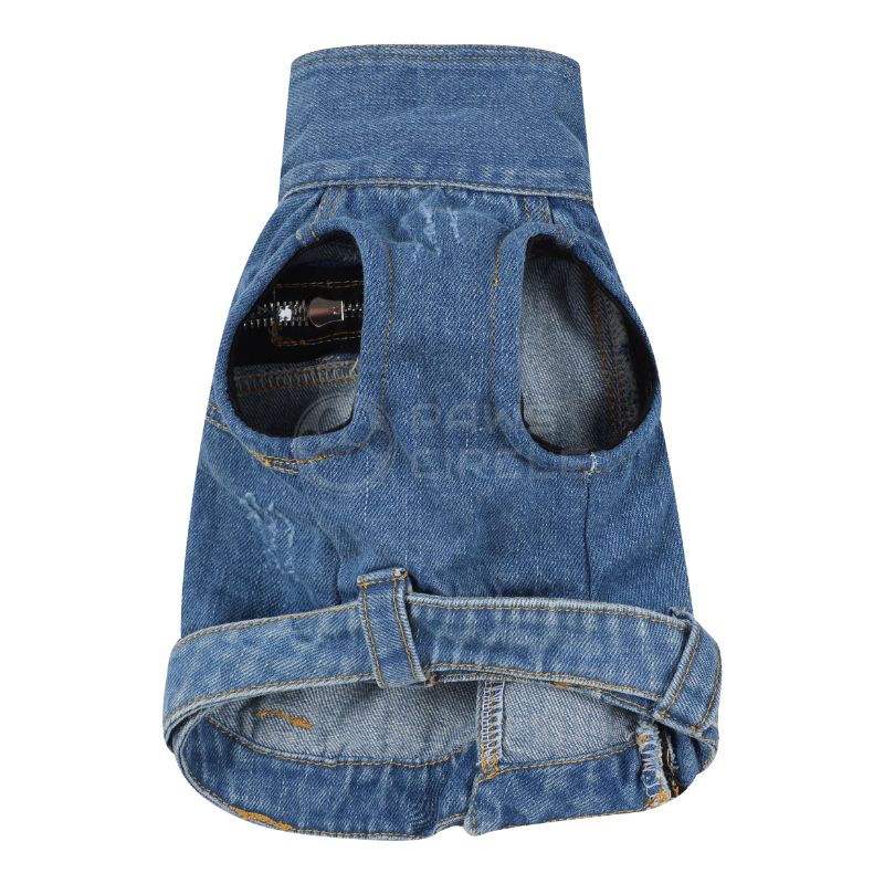 Blue denim pet vest on a white background