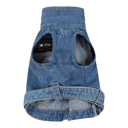 Blue denim pet vest on a white background