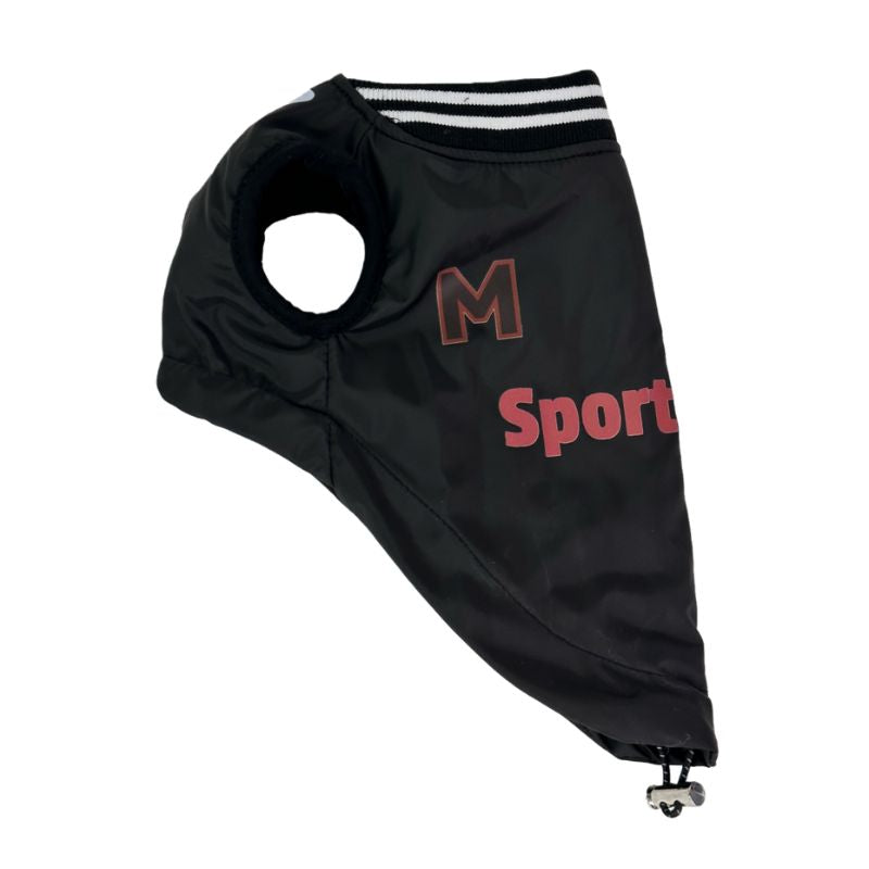 Black pet outfit with 'M Sport' text on a white background